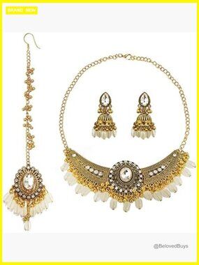 Maang Tikka Kundan Necklace Earrings Jewelry Set Bridal Party Hair Accessories